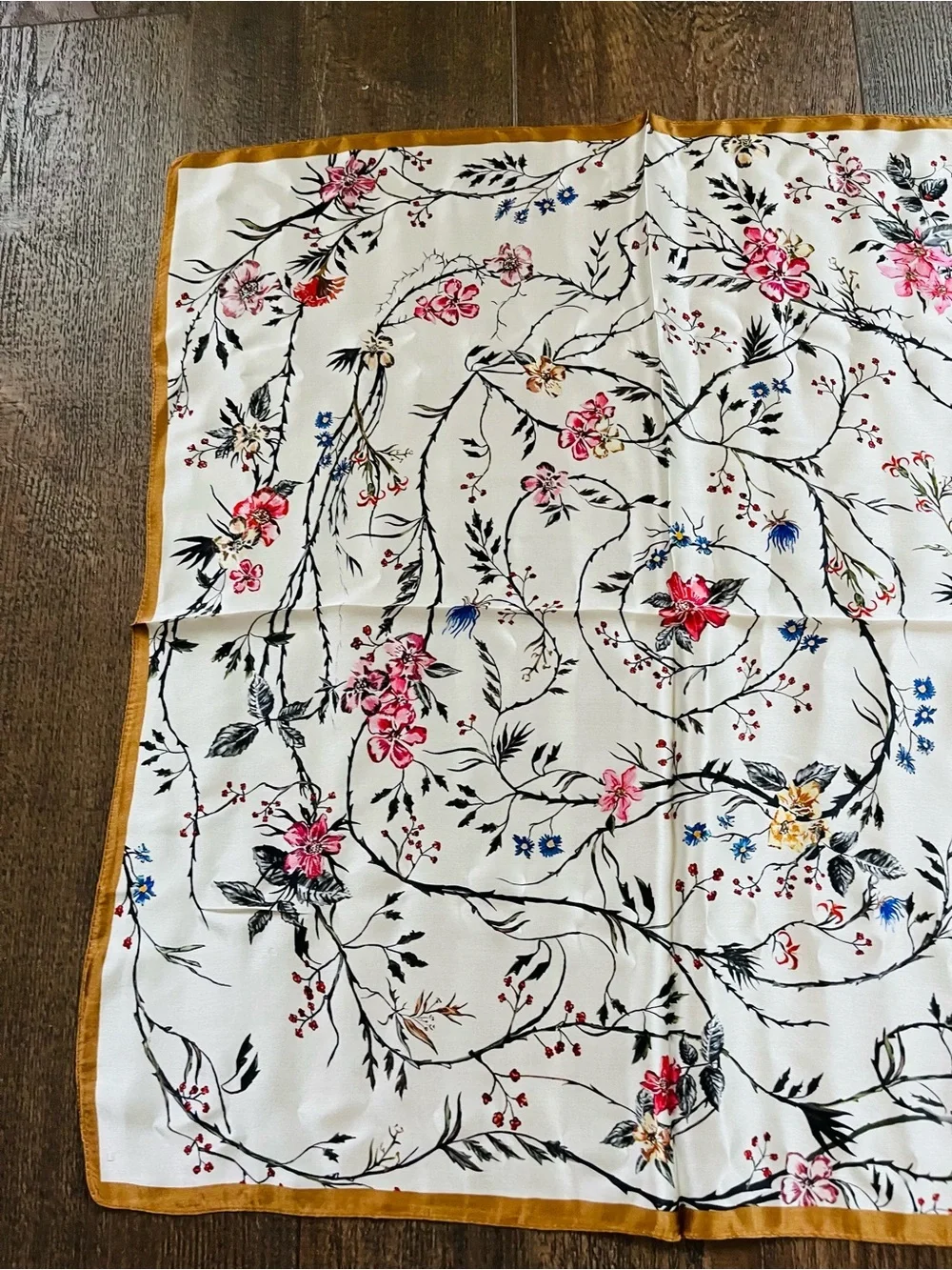 100 %Floral Silk Satin Scarf - Cream with Pink Flowers 26/26 inches